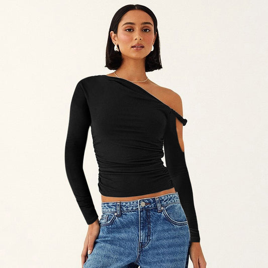 Diagonal Collar Pleated Asymmetric Long-sleeved Top