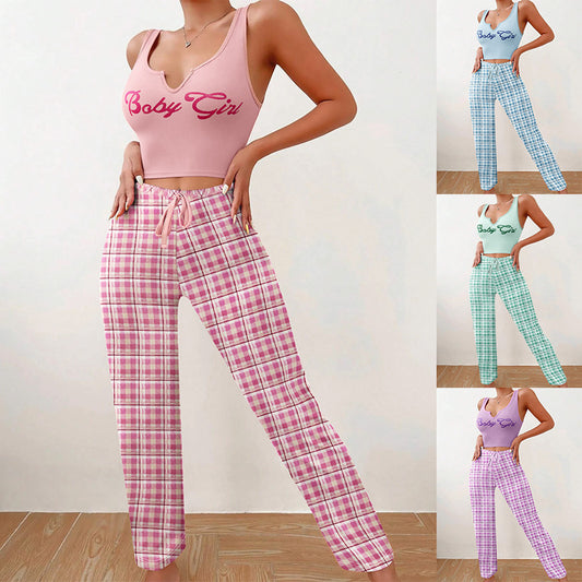 Spring Summer Women's Casual Pajamas Home Wear Vest Color Matching Plaid Trousers Letter Print Top Ladies 2 Pcs Home Clothes Sleepwear