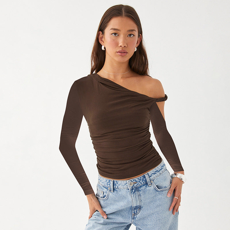 Diagonal Collar Pleated Asymmetric Long-sleeved Top