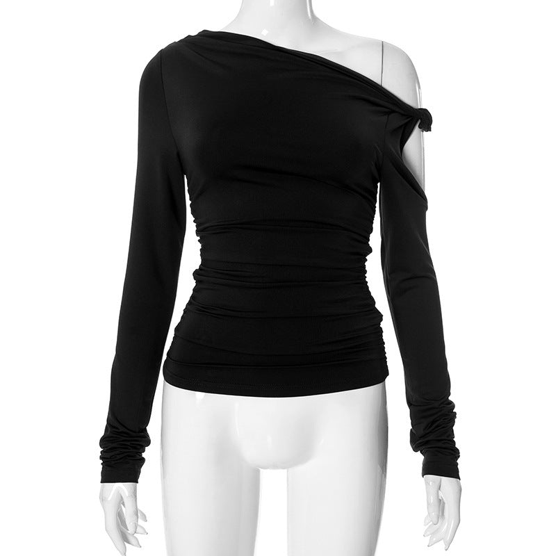 Diagonal Collar Pleated Asymmetric Long-sleeved Top